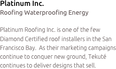 Platinum Inc.
Roofing Waterproofing Energy

Platinum Roofing Inc. is one of the few Diamond Certified roof installers in the San Francisco Bay.  As their marketing campaigns continue to conquer new ground, Tekuté continues to deliver designs that sell.
